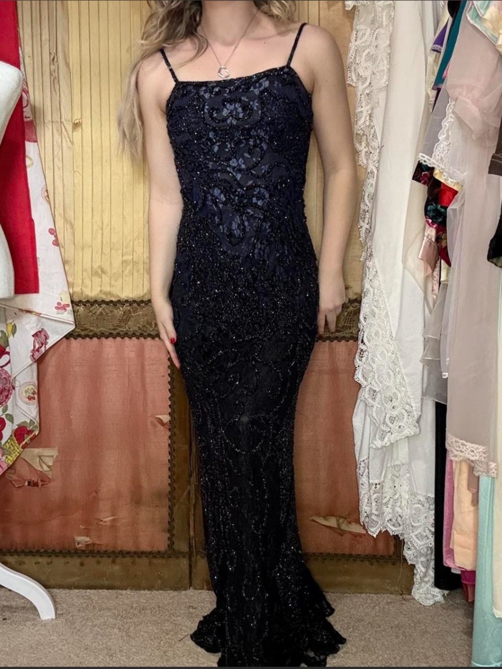 Blue Beaded Spaghetti-Strap Maxi Dress